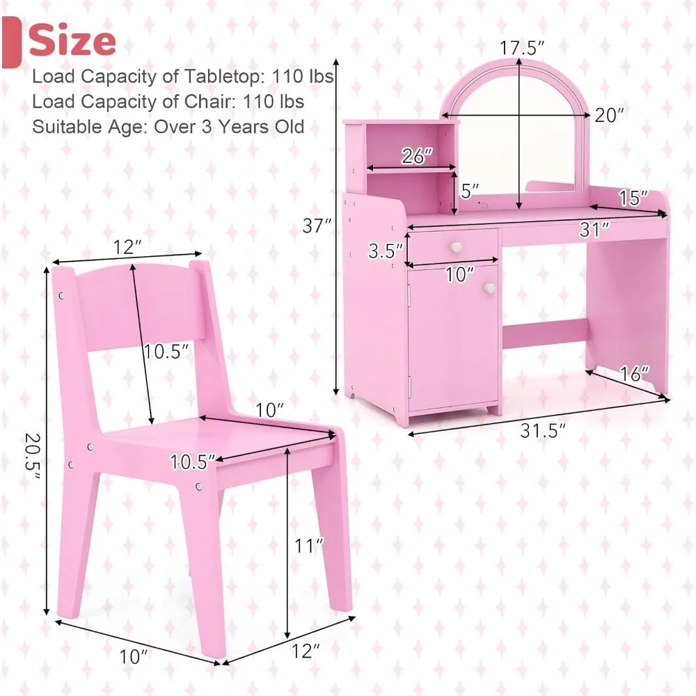 Kids Vanity, Vanity Set with Lighted Mirror and Chair, Makeup Table with Storage Selves, Drawer and Cabinet, Toddler Vanity