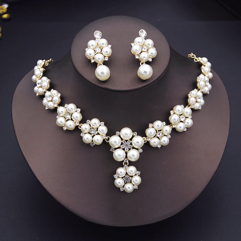 Luxury Imitation pearl Flower Chunky Necklace & Earrings Bridal Set Accessories Wedding Party Jewelry Set