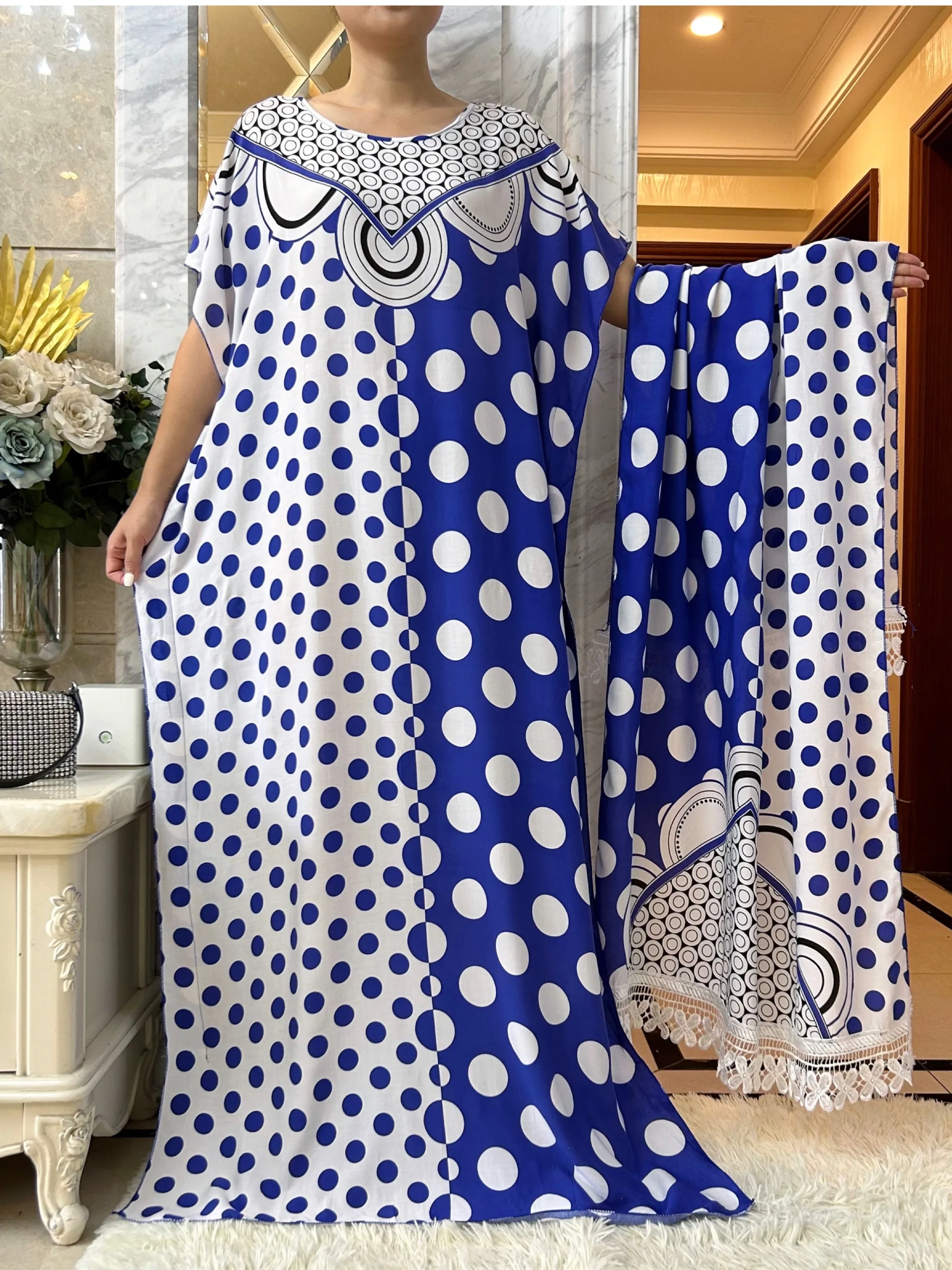 Summer Dress For Women Printed Appliques Cotton Moroccan Caftan Loose Femme Robe African Nigeria Dresses With Big Lace Scarf