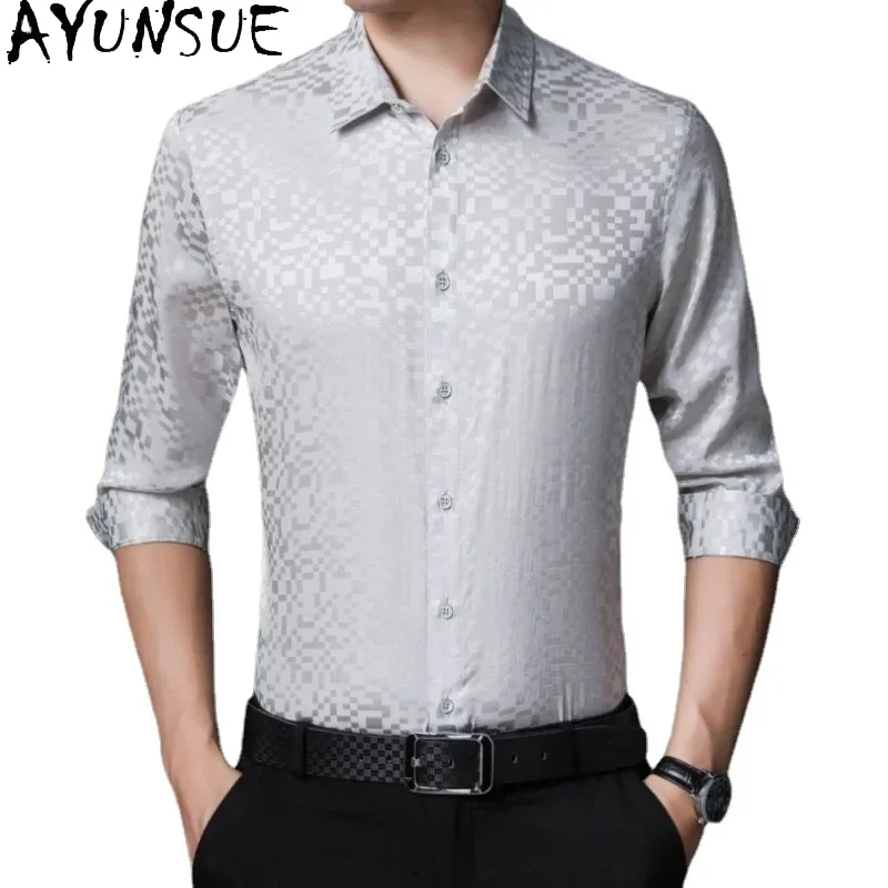 

AYUNSUE 92% Mulberry Silk Long Sleeved Shirt Man Silk Shirt Satin T-shirt Solid Color Fashion Casual Tops Men's Clothing Camisas
