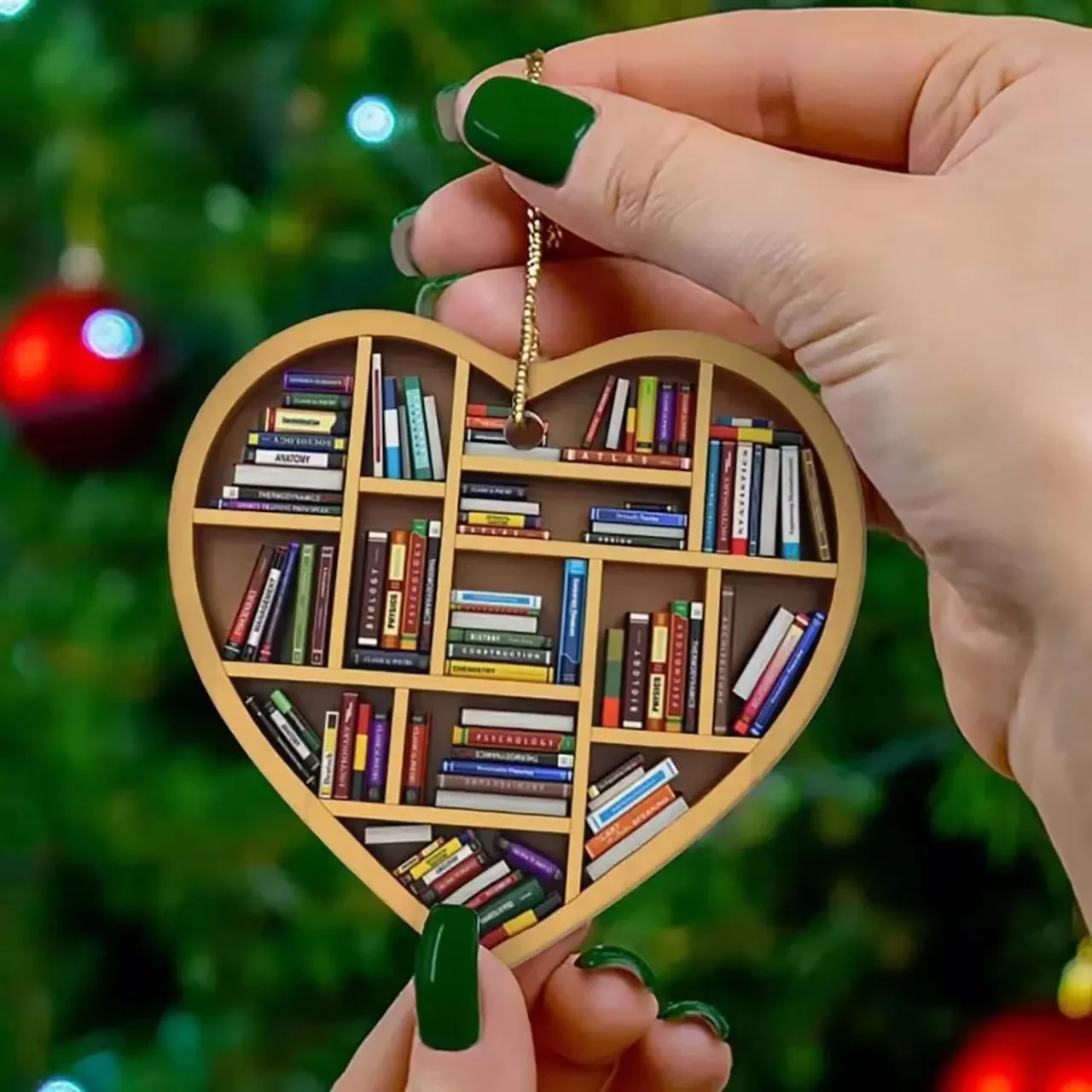 1pc Christmas Tree Decorations 2024 Book Lovers Heart Shaped Bookshelf Pendant Wood Ornament