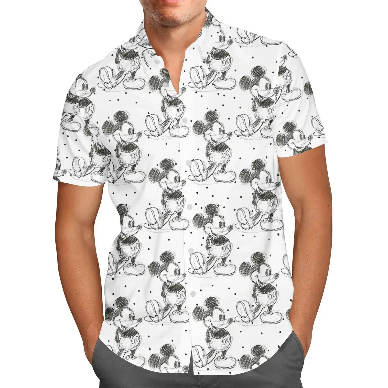 Chemises confortables imprimées Disney Mickey Mouse pour hommes, hauts à manches courtes rabattus avec boutons, chemises de plage hawaïennes décontractées pour l'été