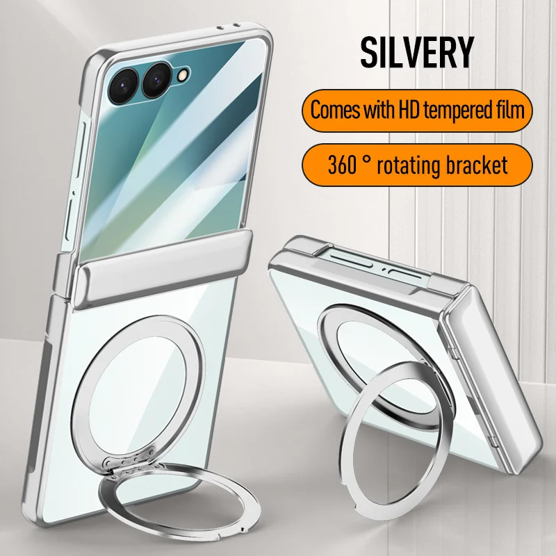 

For Samsung Galaxy Z Flip 7 Magsafe Case Electroplating Clear Hinge Magnetic Rotating Ring Holder With Screen Protect Film Cover