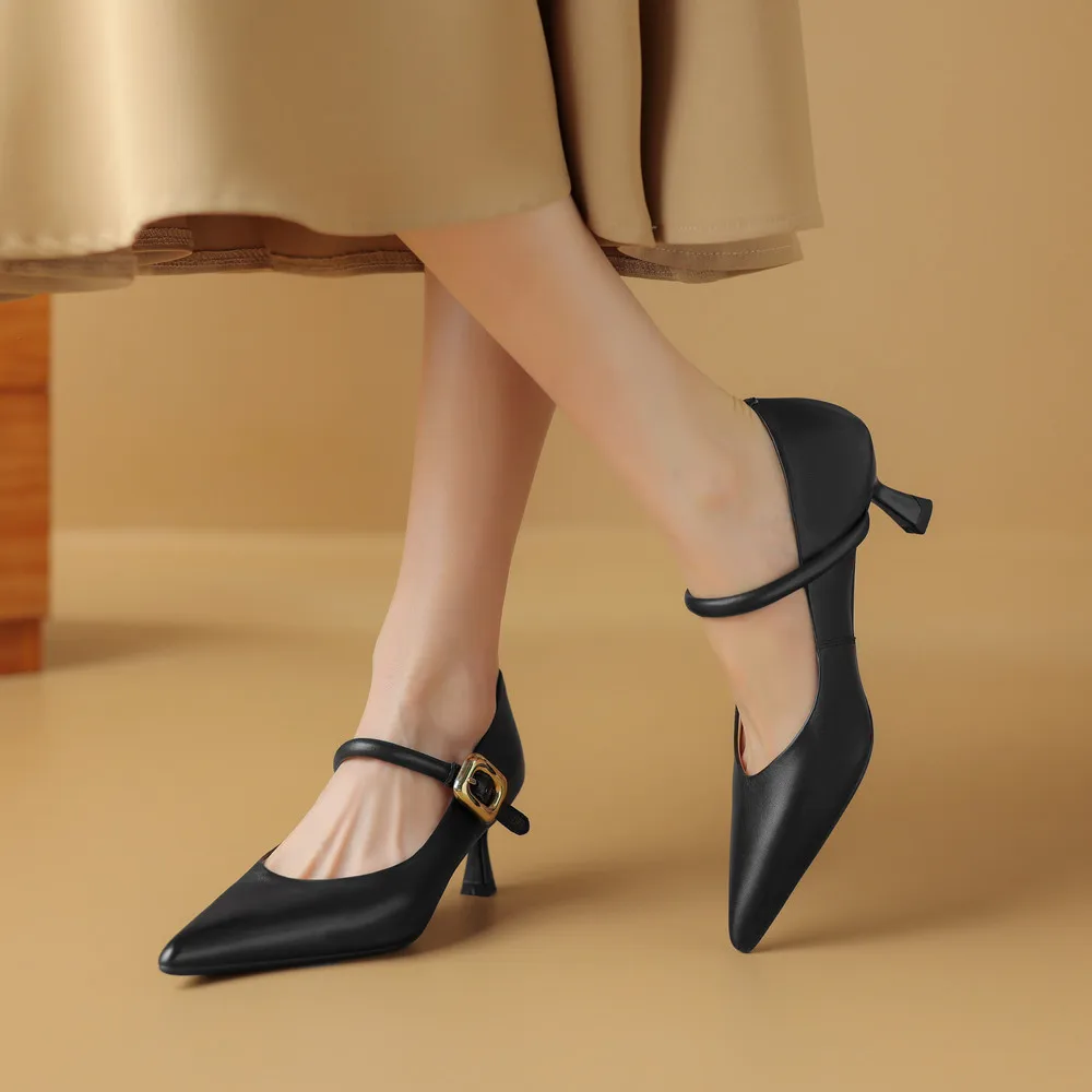 FEDONAS Elegant Women Pumps Thin High Heels Pointed Toe Office Lady Buckle Strap Shoes Woman Genuine Leather Pumps Spring Summer