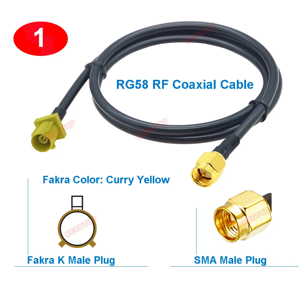 1PCS SMA to Fakra RG58 Cable Curry Yellow Fakra K to SMA Male Female Connector 50 ohm RG-58 Pigtail BEVOTOP Auto Cable