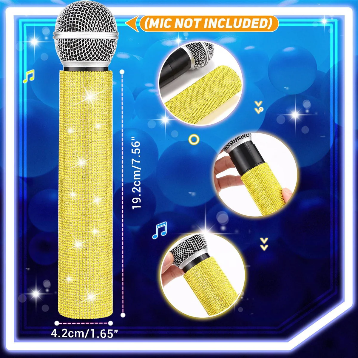 Sparkly Mic Handle Capa para Festa e TV Show, Bling, Strass, apto para a maioria dos microfones sem fio, ouro