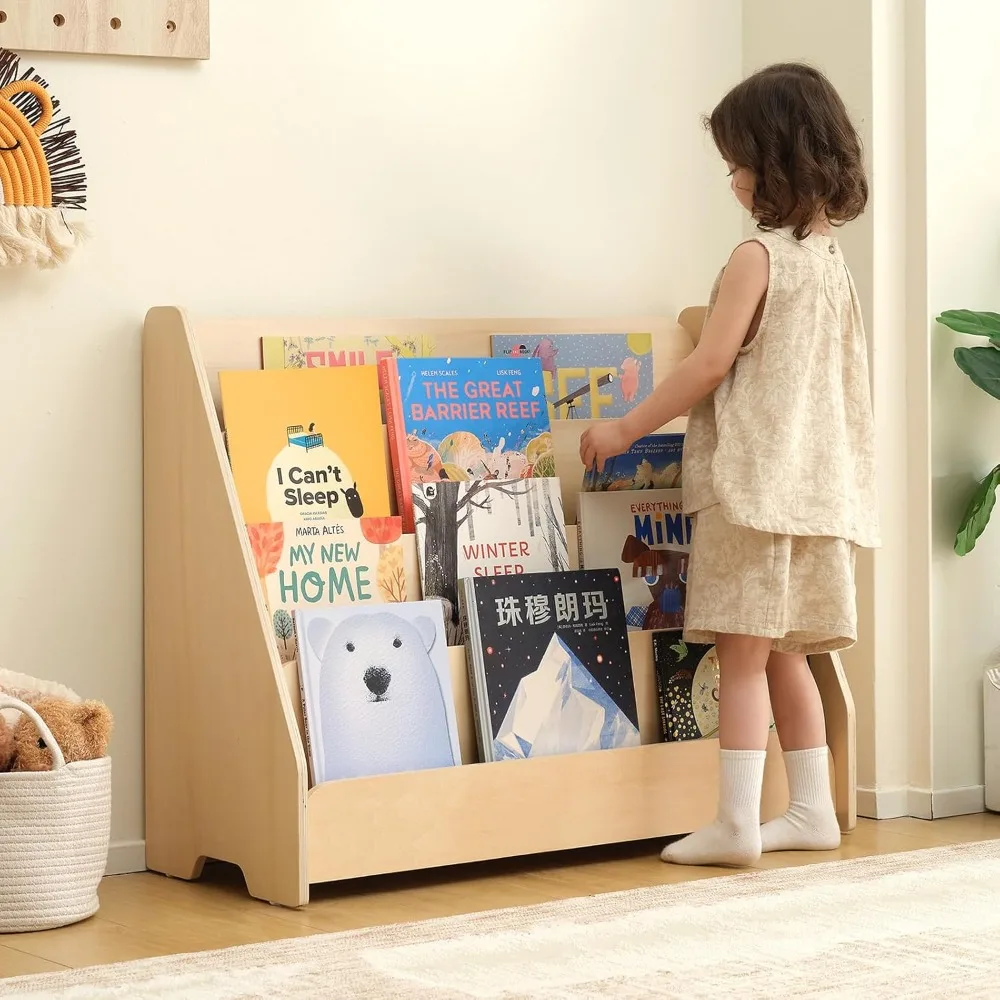 Scaffale per bambini, espositore per libri frontale in legno a 4 livelli per bambini, libreria Montessori per bambini per aula, sala giochi