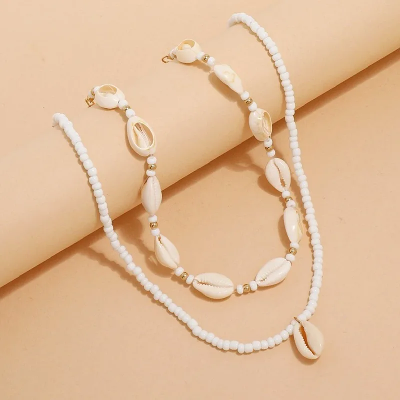 2pcs Multilayer Rice Bead Shell Necklaces for Women Trendy Vintage Beads Choker Necklace Jewellery Women Vacation Accessory