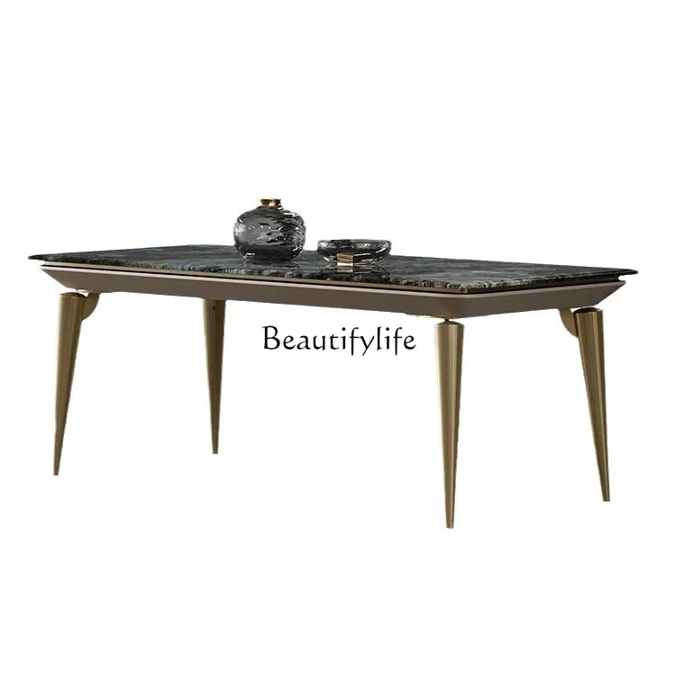 

Modern light luxury marble dining table marble stainless steel rectangular sliding dining table