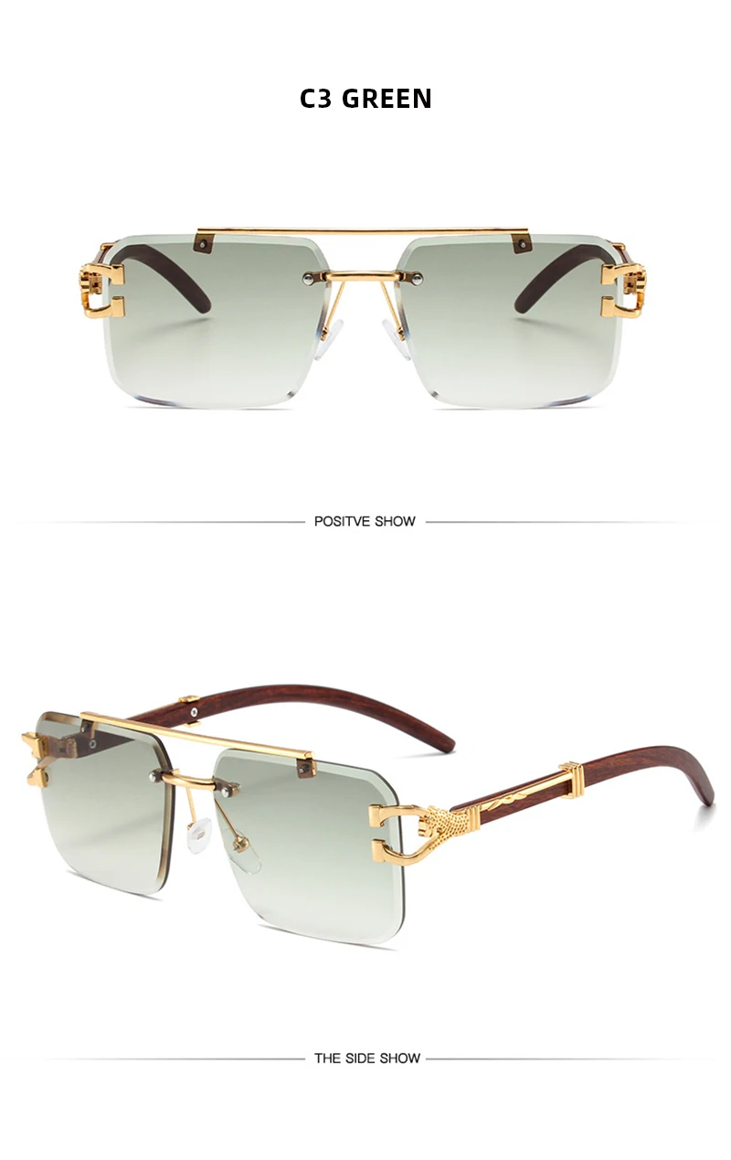 Trend Double Beam Große Sonnenbrille Männer Frauen Randlose Schnittkante Quadratische Sonnenbrille Mode Leopard Holzmaserung Shades – Detail 11