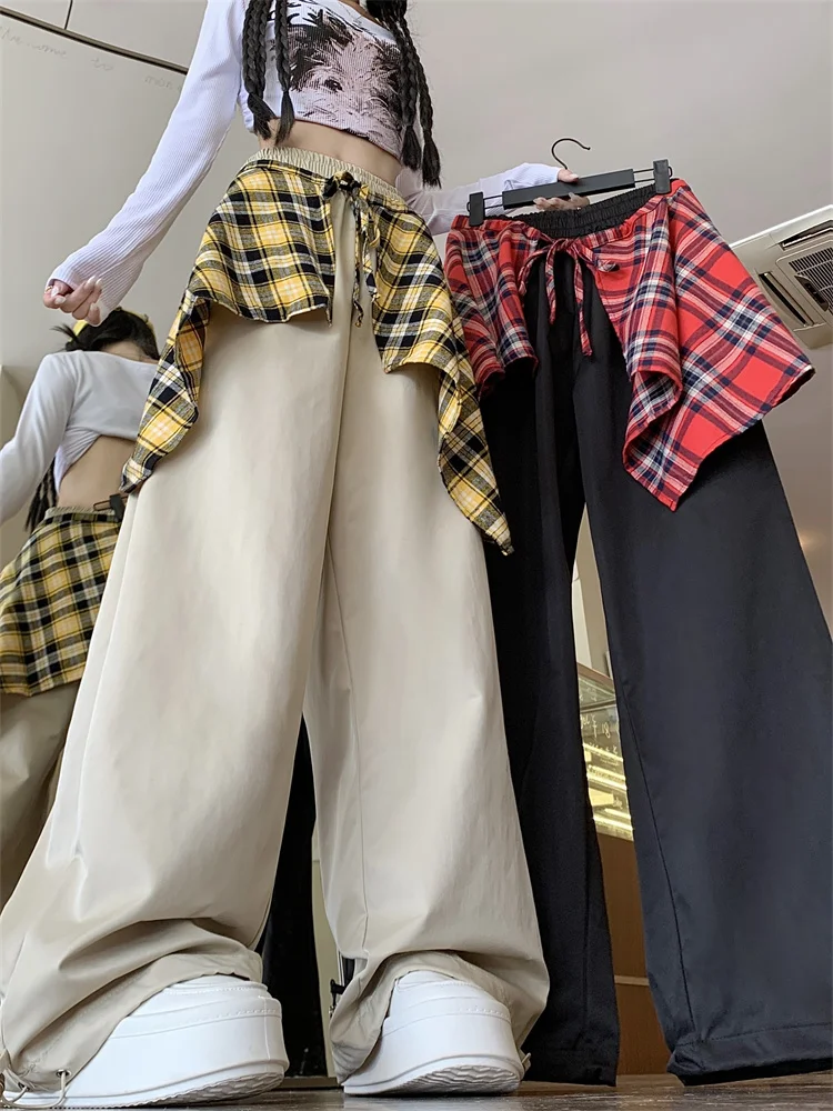 

Trendy Plaid Patchwork Casual Pants ex Hip Hop Removable Skirt Design Street Dance Workwear Long Straight Tube Leggings