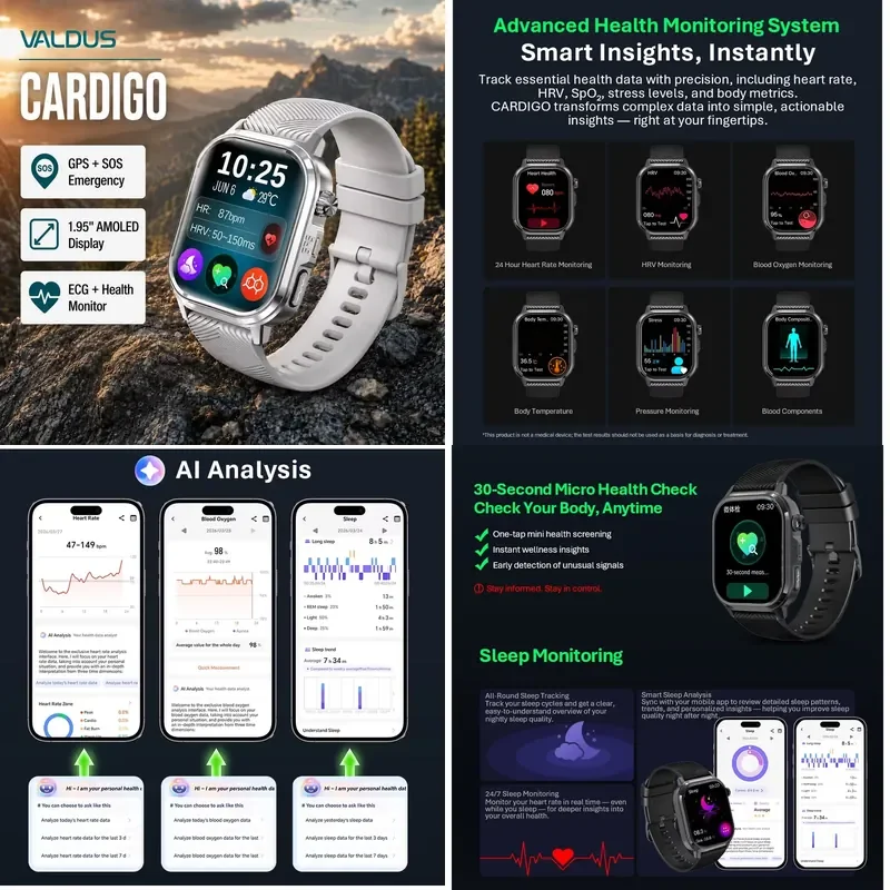 for VALDUS CARDIGO Men Women ECG Health Smart Watch Heart Rate Monitor Large AMOLED Screen IP68 Waterproof ODM OEM