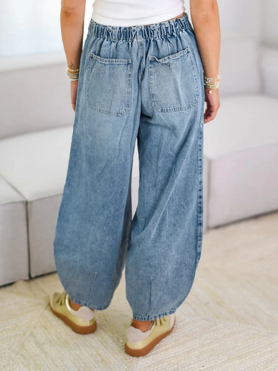 Jeans da donna Pantaloni larghi solidi allacciati in vita elastica Streetwear con tasche per tutti i giorni