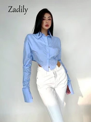 Casual Long Sleeve Women Blue Shirt And Blouse Minimalist Button Up Turn Down Collar Crop Tops Party Female Clothing