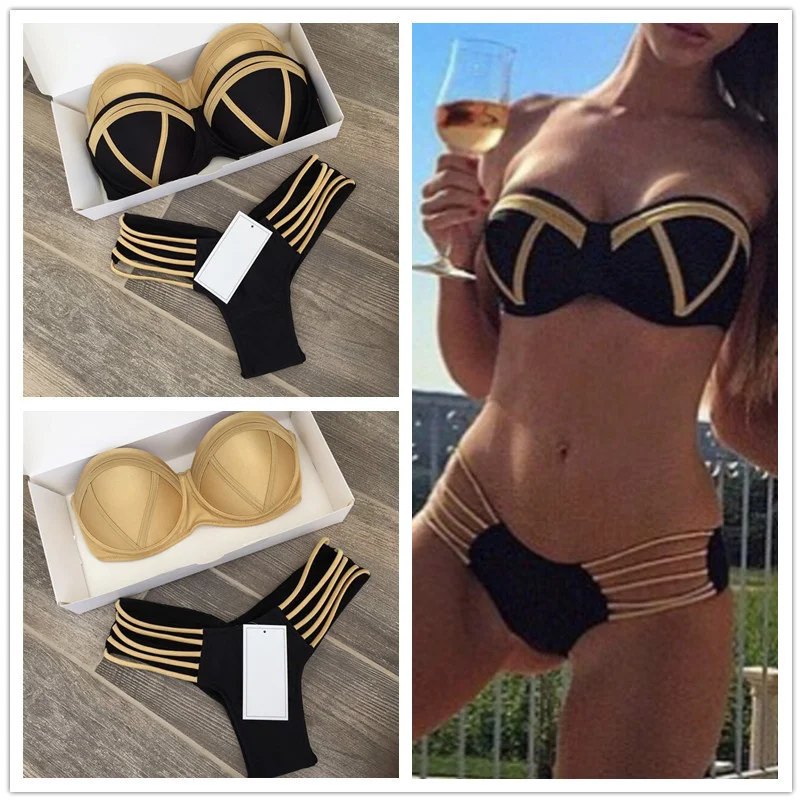 

New Bikini Strip Top Swimsuit Beach Suit Bikini Fashion Hot Stamping Stitched Black Bikini Women's Sexy Swimsuit Bikini Thong