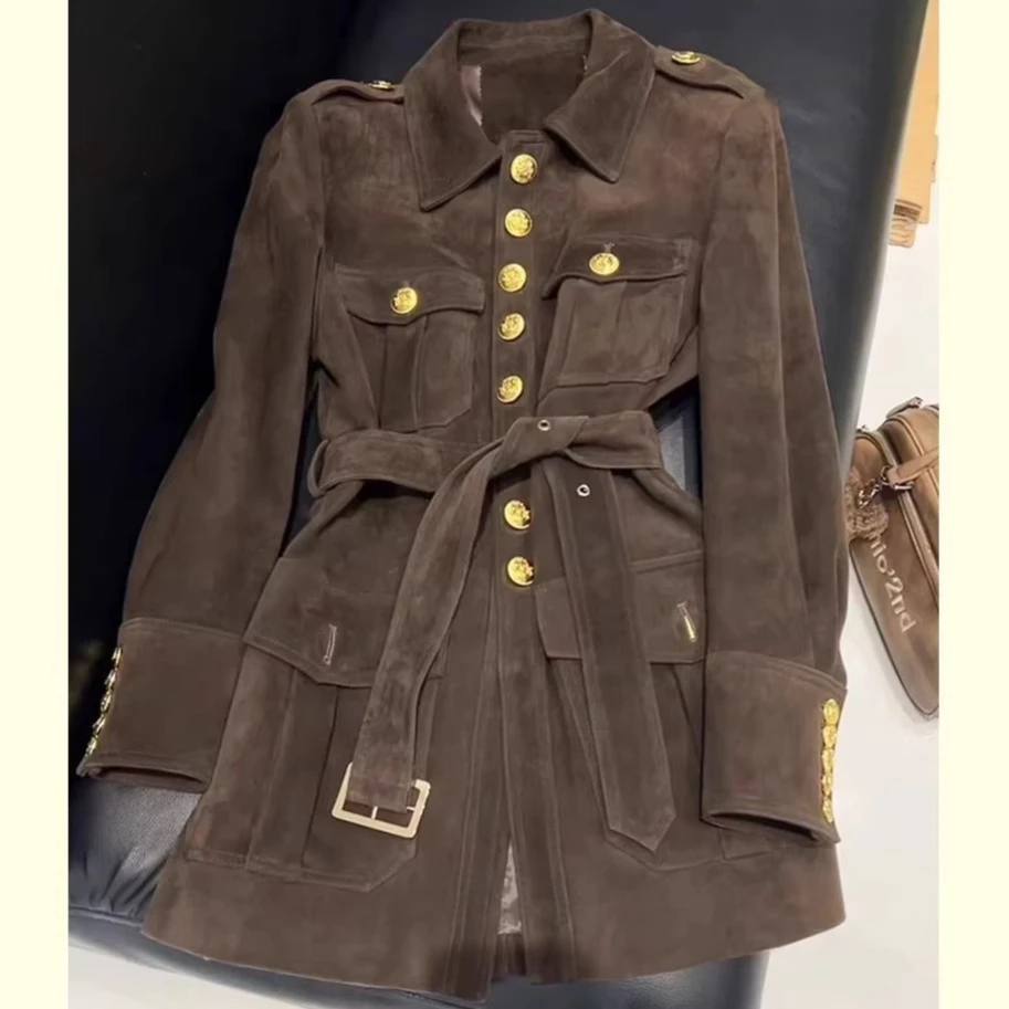 

Women Trench Coats Solid Jackets Button Pocket Turn Down Collar Long Sleeves Cinched Waist Single Breasted Loose Fit 2026 Autumn