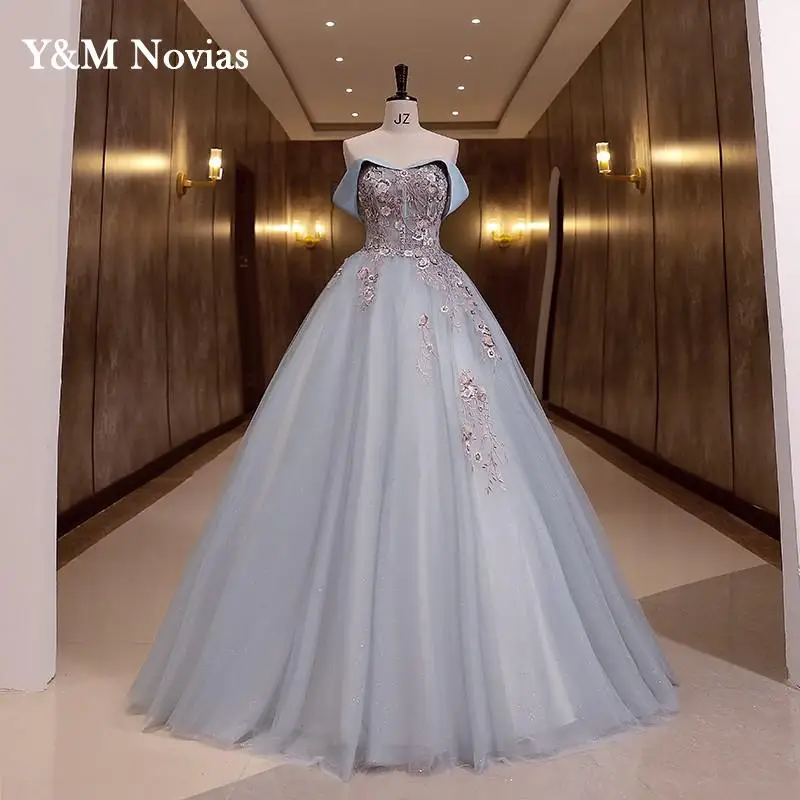 Y & M-Robes de Quinceanera Gillter à épaules dénudées pour filles, robe de Rhbleue, robe de princesse Sweet 15, grande taille, vidéo réelle