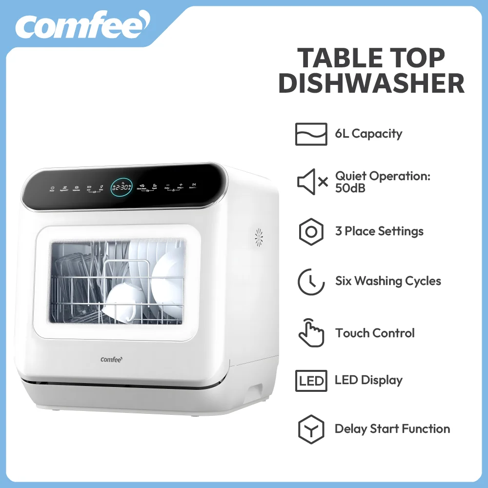 COMFEE' Lavavajillas de sobremesa 7+3 programas Mini lavavajillas de sobremesa sin fontanería, depósito de agua incorporado de 6L, secado abierto de puerta automática