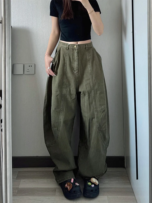 

Retro American Green Banana Jeans Women's Loose Wide Leg Floor-Length Knife Jeans Spring Summer Lazy Style High Waist Denim