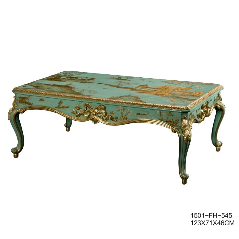 

French court style retro mahogany carving hand-painted drawing rural style green coffee table corner table