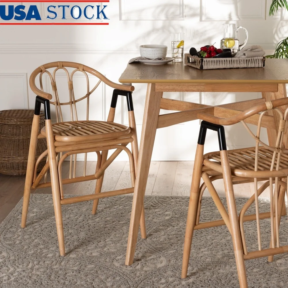 

Modern Bohemian Rattan Counter Stool Ergonomic Footrest Openwork Design Round Armrests Fully Assembled Indoor Seating Natural