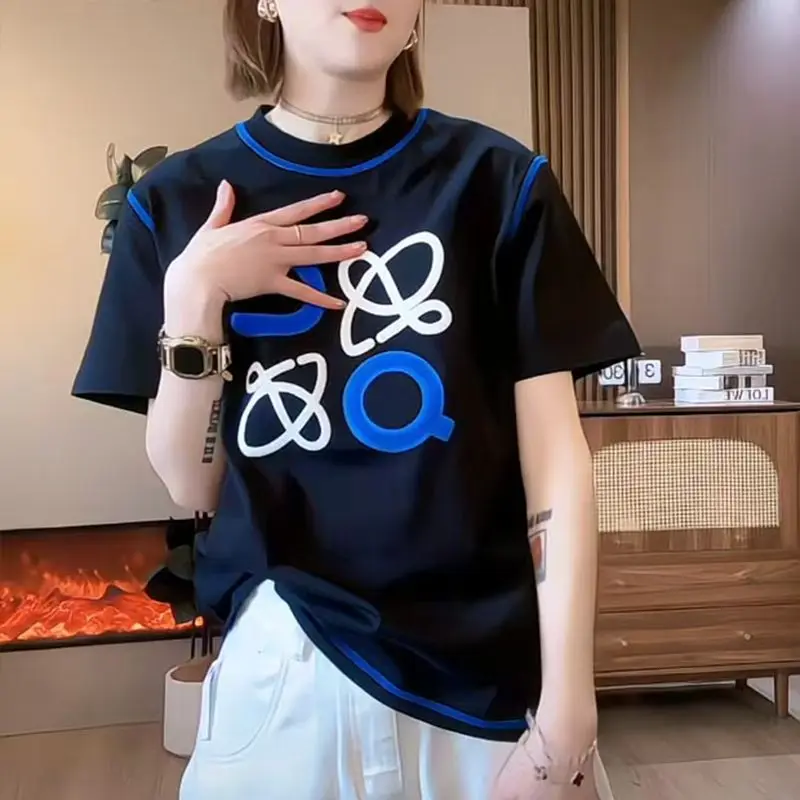 Pure Cotton Material Women Elegant T Shirts Summer Blue Open Wire Black T Shirts All-match Niche Clothes Korean Fashion Y2K Top