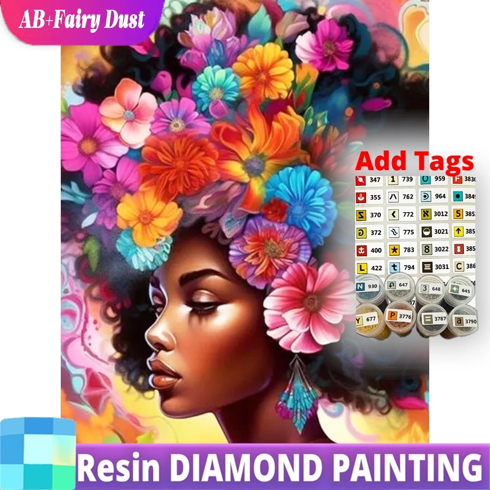 

Смола AB Фея Пыль Новое поступление Алмазная мозаика Черная женщина Вышивка Портрет Вышивка крестиком Набор для рукоделия Картина Ромашка Цветок Стена