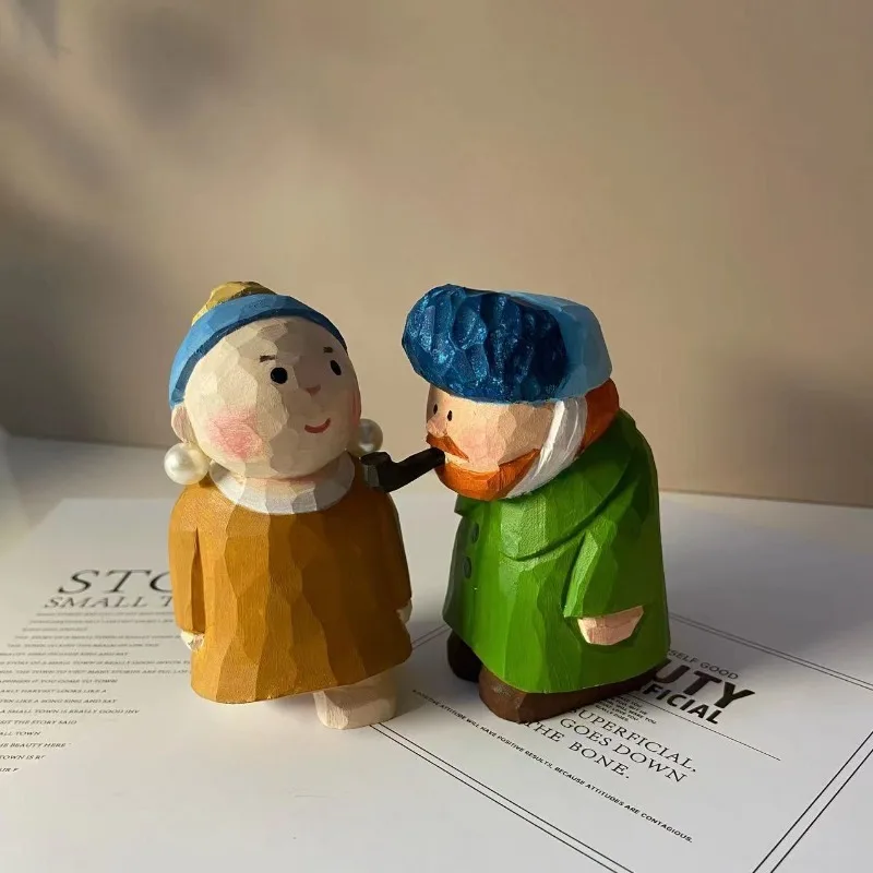 A Pair of Handmade Great Artist Models, Wooden Statues with Pearl Earrings, Girl with Van Gogh Special Gift, Miniature Model