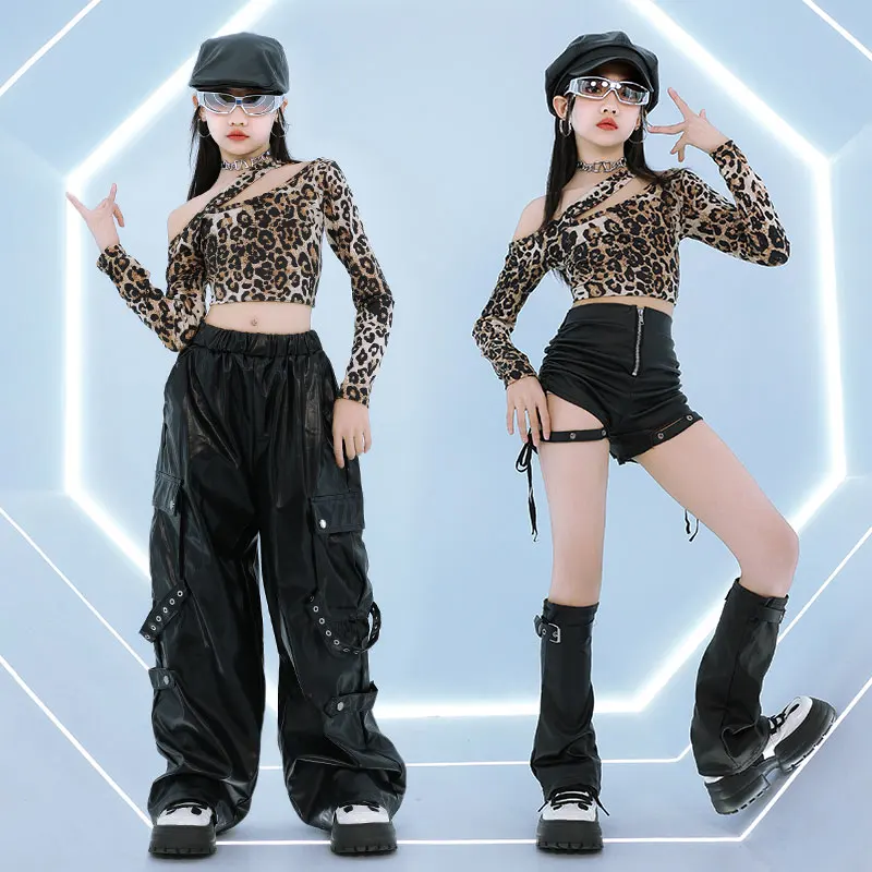 Ropa de baile de salón para niños, camiseta de leopardo para niñas, traje de baile con parte inferior de cuero, uniforme de Hip Hop a la moda