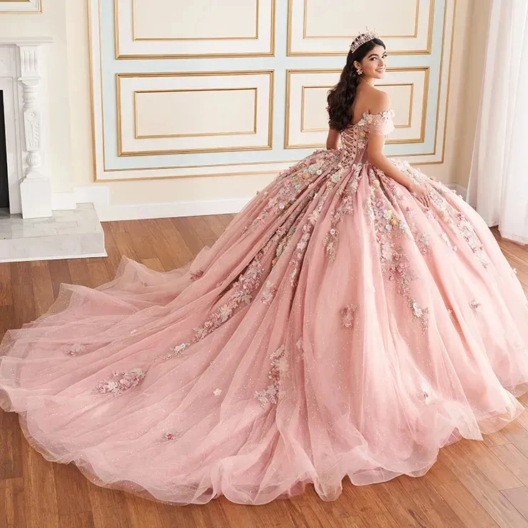 Luxury Pink Mexican Quinceanera Dresses Off The Shoulder Applique Lace Beads Tull vestido 15 De Corset Prom Lace Up Sweet 16