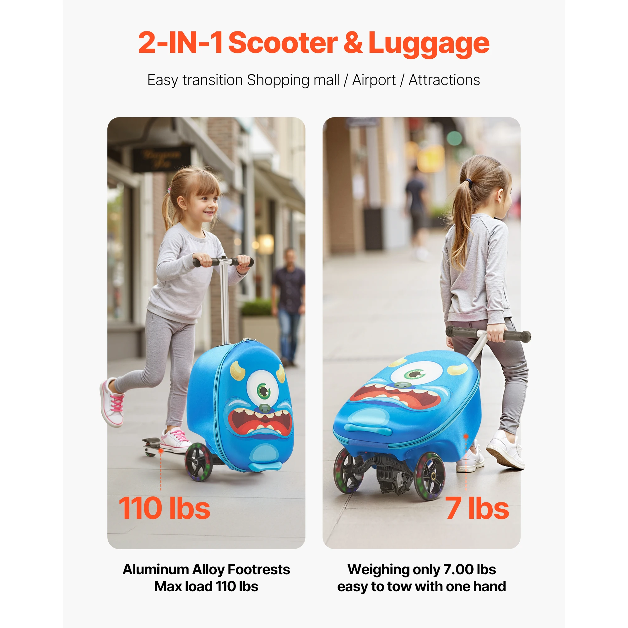 SucceBuy 20 pouces bagage à main 20L valise de scooter pour enfants avec roues Flash PU et poignée réglable bagage pliable pour enfants