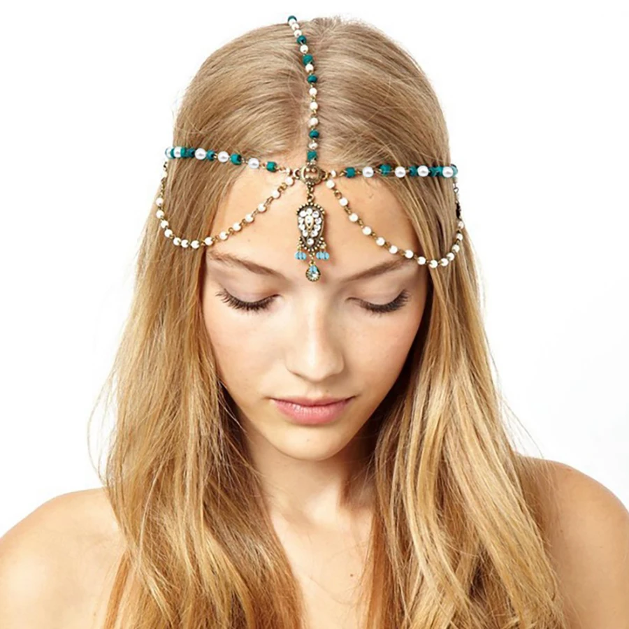 Frauen Bohemian Flapper Elfenbein Multi Holz Perlen Krone Tikka Stirnband Hochzeit Kopf Kette Vintage Dekor 3A001
