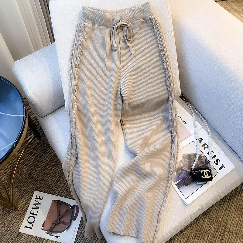 

Новые женские широкие брюки с высокой талией, весенне-осенние белые вязаные повседневные драпированные утягивающие ленивые клейкие брюки с начесом CQ63