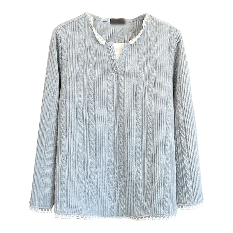 Модная женская футболка больших размеров с кружевным воротником, топы из двух предметов с длинными рукавами, осень 2025 г.