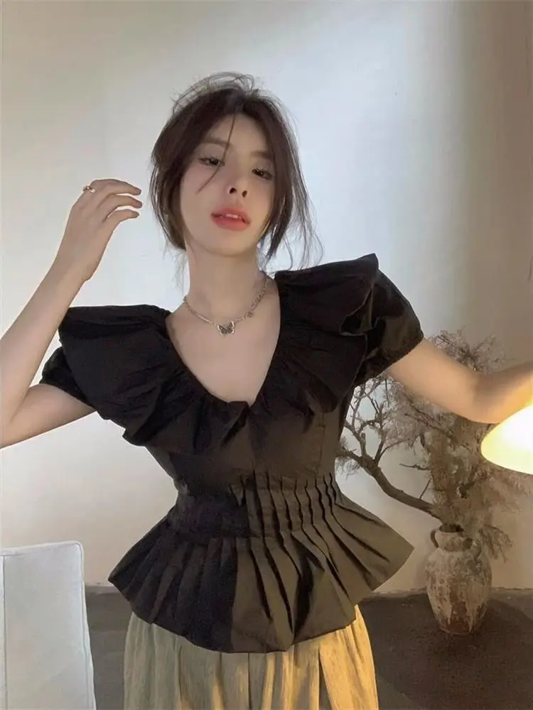 Summer Sexy Women Puff Sleeve Slash Neck Minimalist Blouse Korean Female Black Elastic Slim Tenperament Shirt Cropped Top Blusas