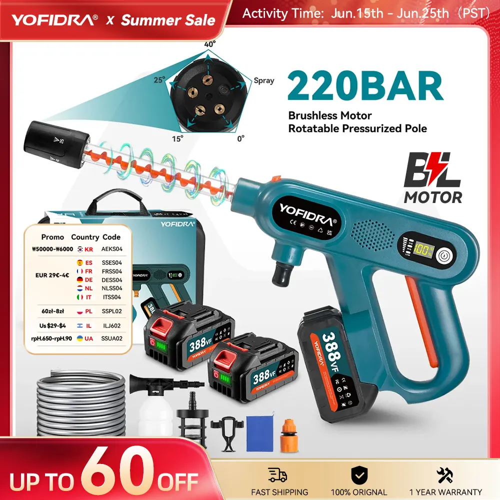 YOFIDRA 220 Bar bürstenlose elektrische Hochdruckreiniger-Pistole, 3 Gänge, für Zuhause, Auto, Waschwasserspritzpistole für 21 V 18 V Batterie