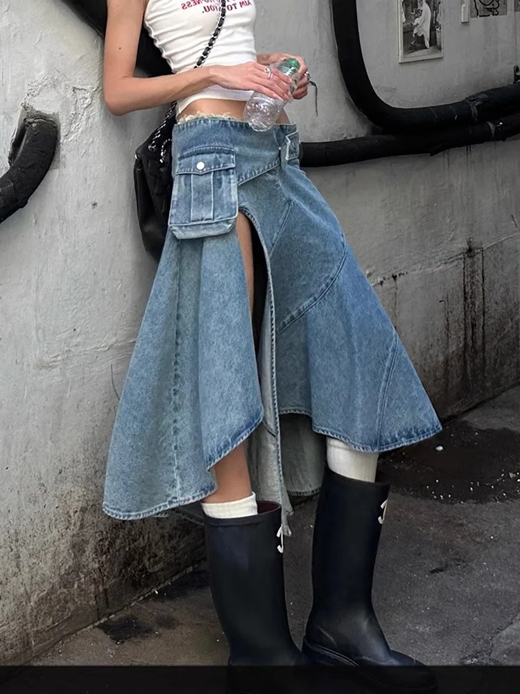 

Retro American Design Asymmetrical Workwear Skirt for Women High Waist A-Line Dr Casual Denim Split Faionable Versa...