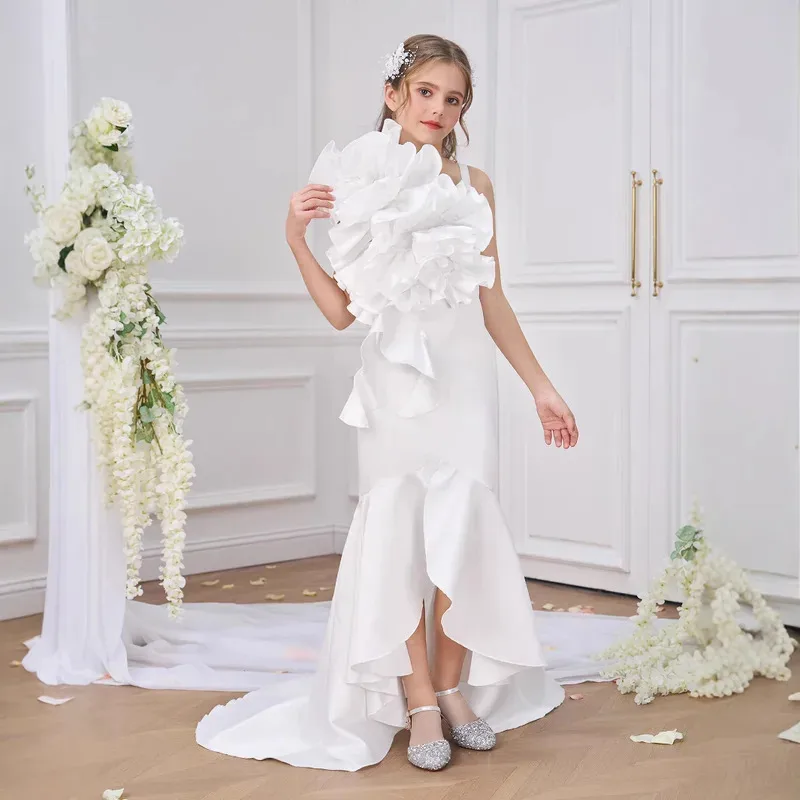 

COSda@Bridesmaid Fishtail Girls Dress 3D Flower Wedding Party Princess Gown Summer Birthday Dress Kids First Communion Costume A