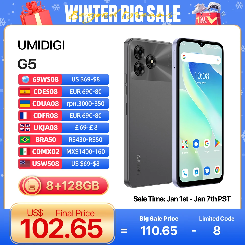 

UMIDIGI G5 Smartphone, Android 13 , 8GB RAM 128GB ROM, 50MP Camera, 5000mAh Battery, Dual SIM 4G Cellphone