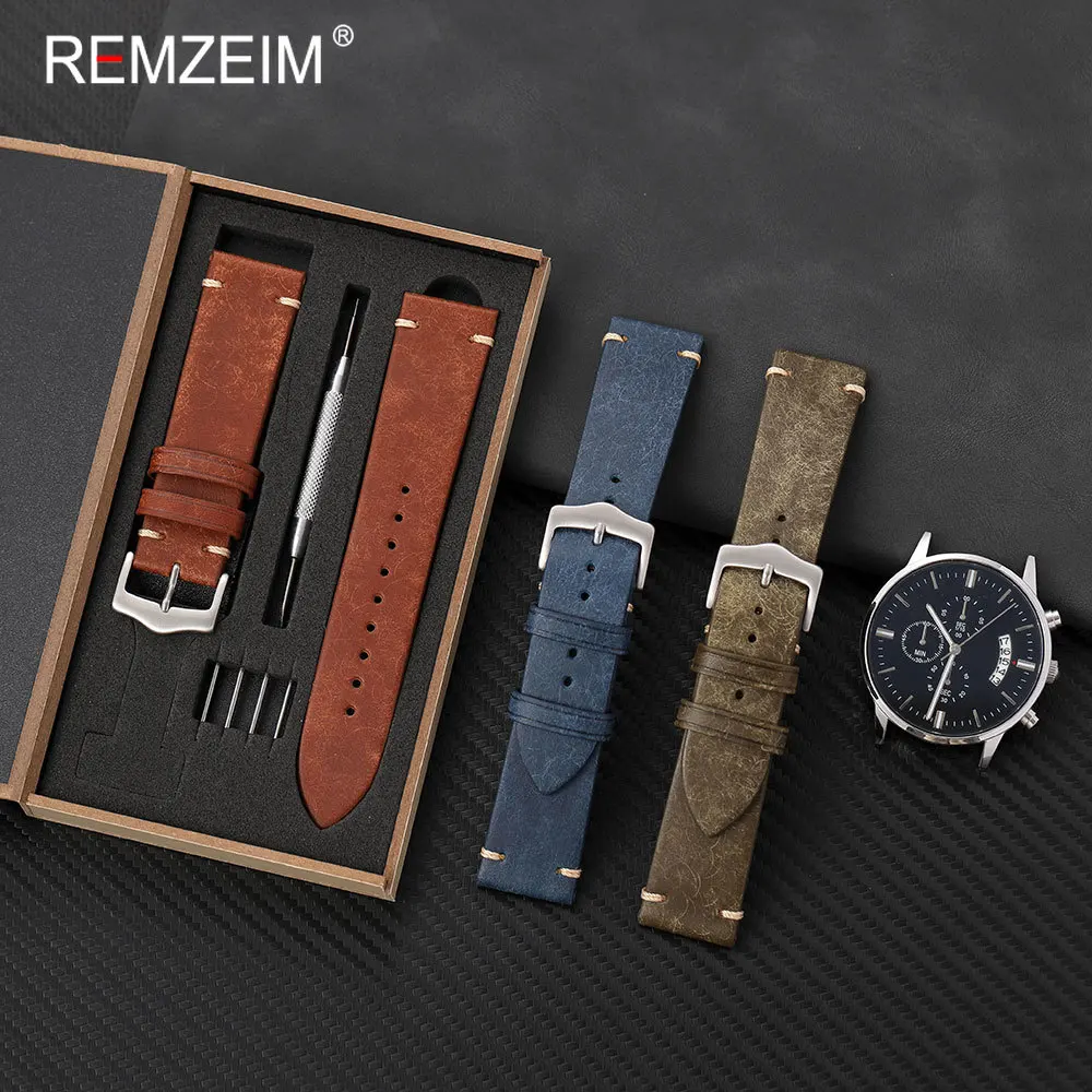 Calfskin Genuine Leather Watchband 20mm 22mm with Gift Packing Box Men Casual Comfortable Matte Texture Wristwatch Strap