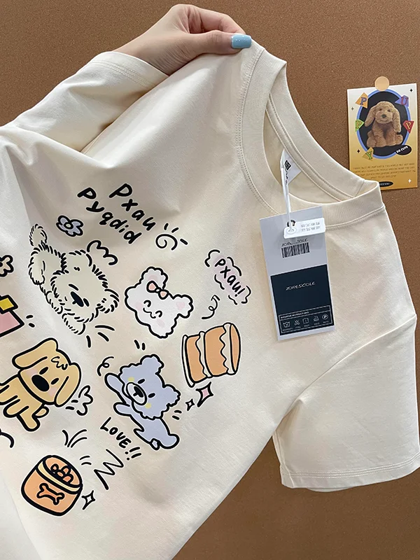 Pure Cotton ort Sve T-irt Women's Loose Fit Summer Faion Brand Cartoon Print round Ne Mid-Length Top