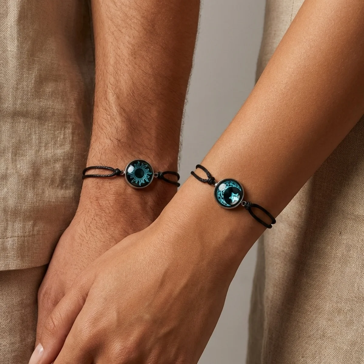 Luminous Sun Moon Pattern Couple Bracelets For Women Men Round Glass Glow In Dark Braided Bangle Valentines Day Lover Jewelry