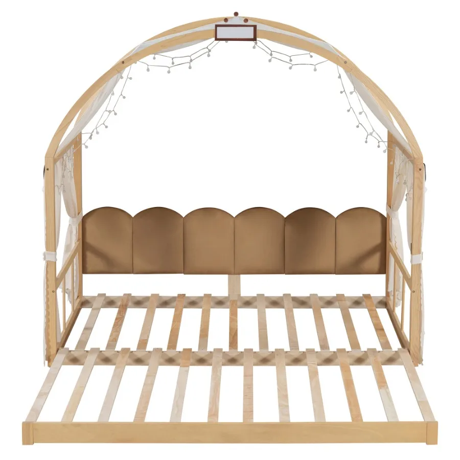 Twinsize verlengd bed met gebogen dak en onderschuifbed, naturel