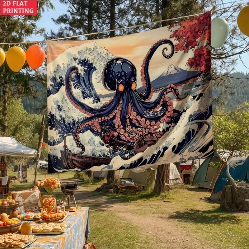 VIKAMA Japanese Octopus Tapestry, Kanagawa Wave Giant Octopus & Mt Fuji Wall Hanging for Bedroom Living Room Decor