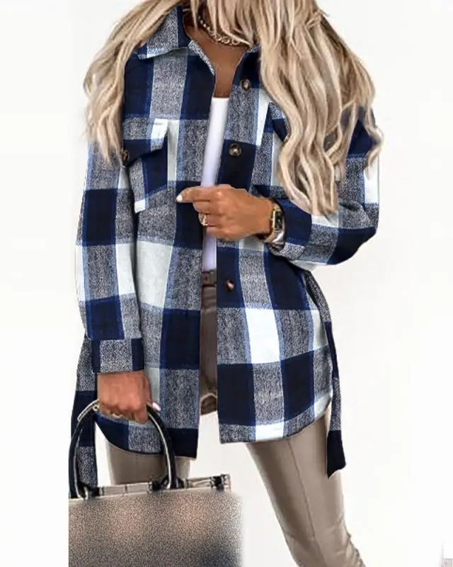 Women's Clothing Autumn and Winter Fashion Tie Plaid Printed Woolen Coat Simple Commuting Style Retro Casual Coat