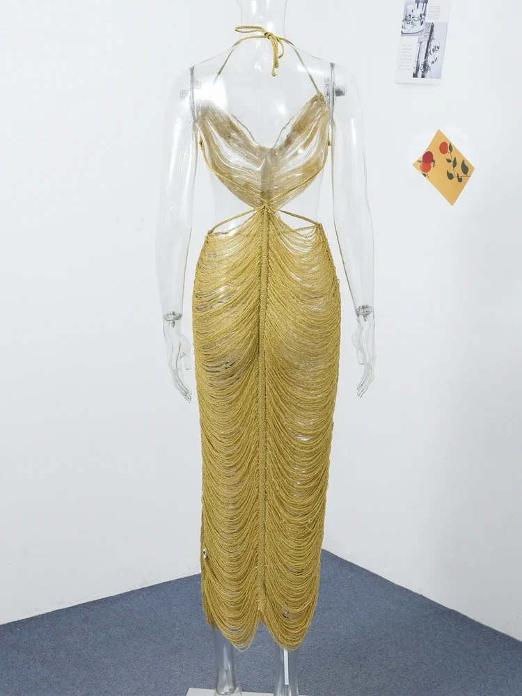 Sexy Shell Tassel Halter Dress Women Hollow Out Sleeveless Backless Beach Party Dresses 2025 Autumn Lady Hip Package Robes