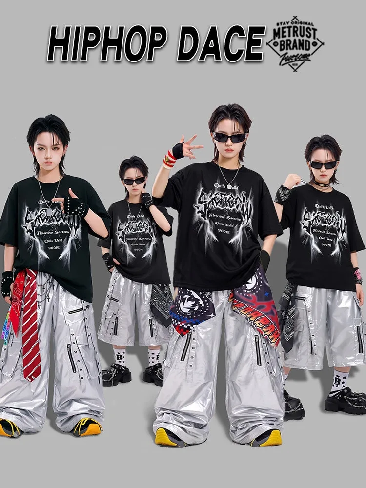 Kids Kpop Hip Hop Street Dance Costume T‑Shirt Rivet Cargo Pants Silver Shorts Boys Girls Jazz Stage Show Streetwear Clothes Set