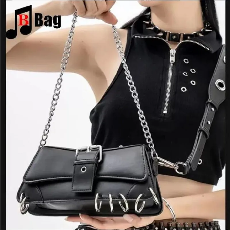 

Сумка-тоут Y2K в готическом стиле для женщин и девушек, панк-стиль, универсальная, на одно плечо, с цепочкой, диагональная, через плечо, кроссбоди
