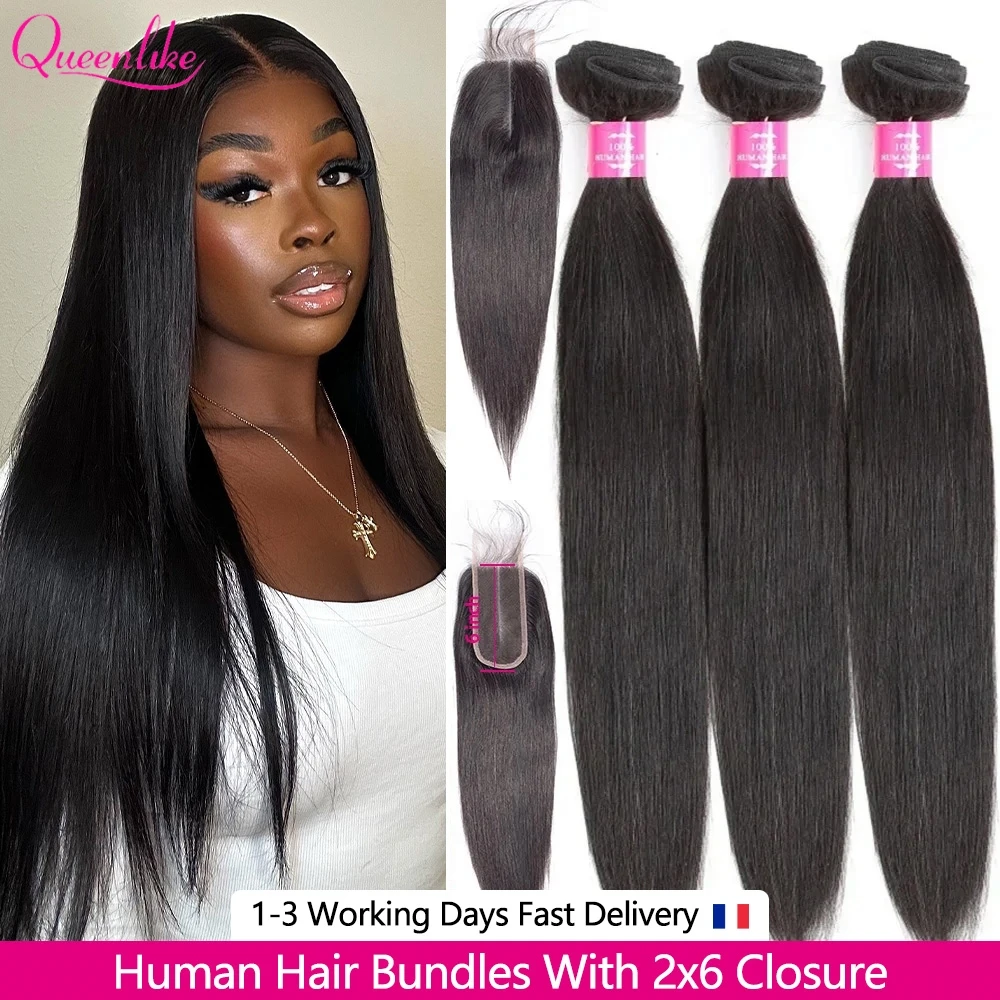 Queenlike 20 20 20 Straight Tissage Cheveux Humain 100% Mèches Cheveux Humain Avec Closures 2X6 HD Closure Cheveux Humain Avec Tissage Humain Hair Tissage Cheveux Naturels Humains Livraison 3 Jours France
