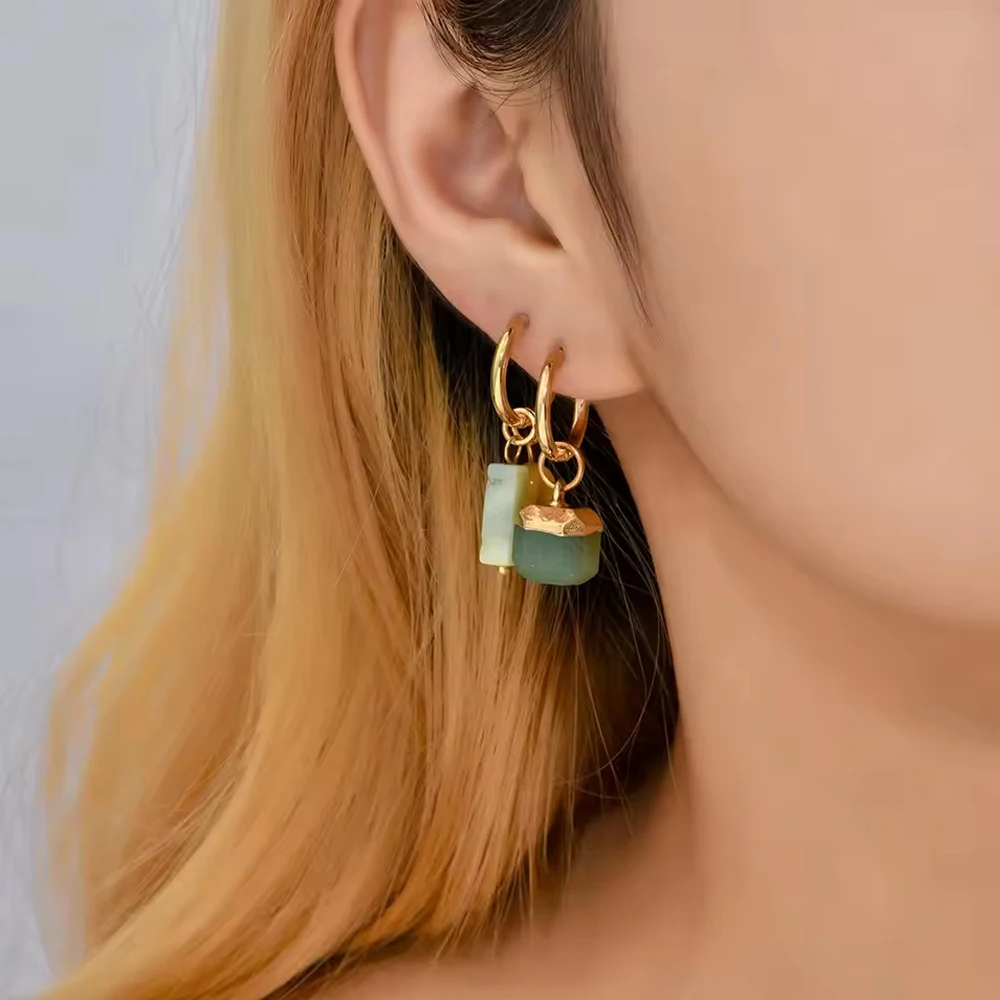 Vintage Naturstein Achat Klassische Tropfenohrringe Einfache Kristall Rechteckige Perlen Asymmetrische Ohrringe Bohemien Schmuck Damen